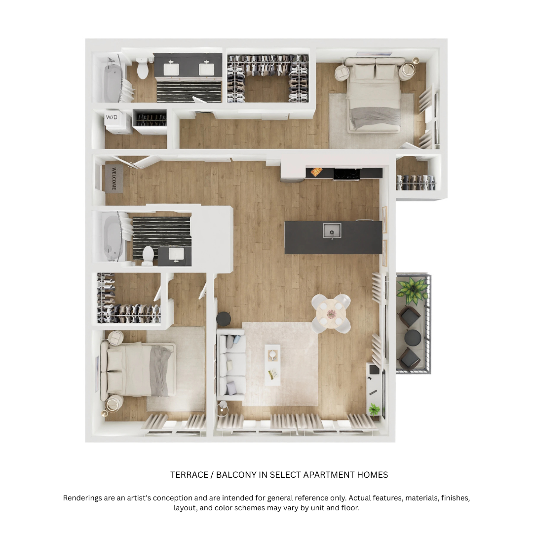 Floor plan for 2 beds, 2 baths, 1227 sqft